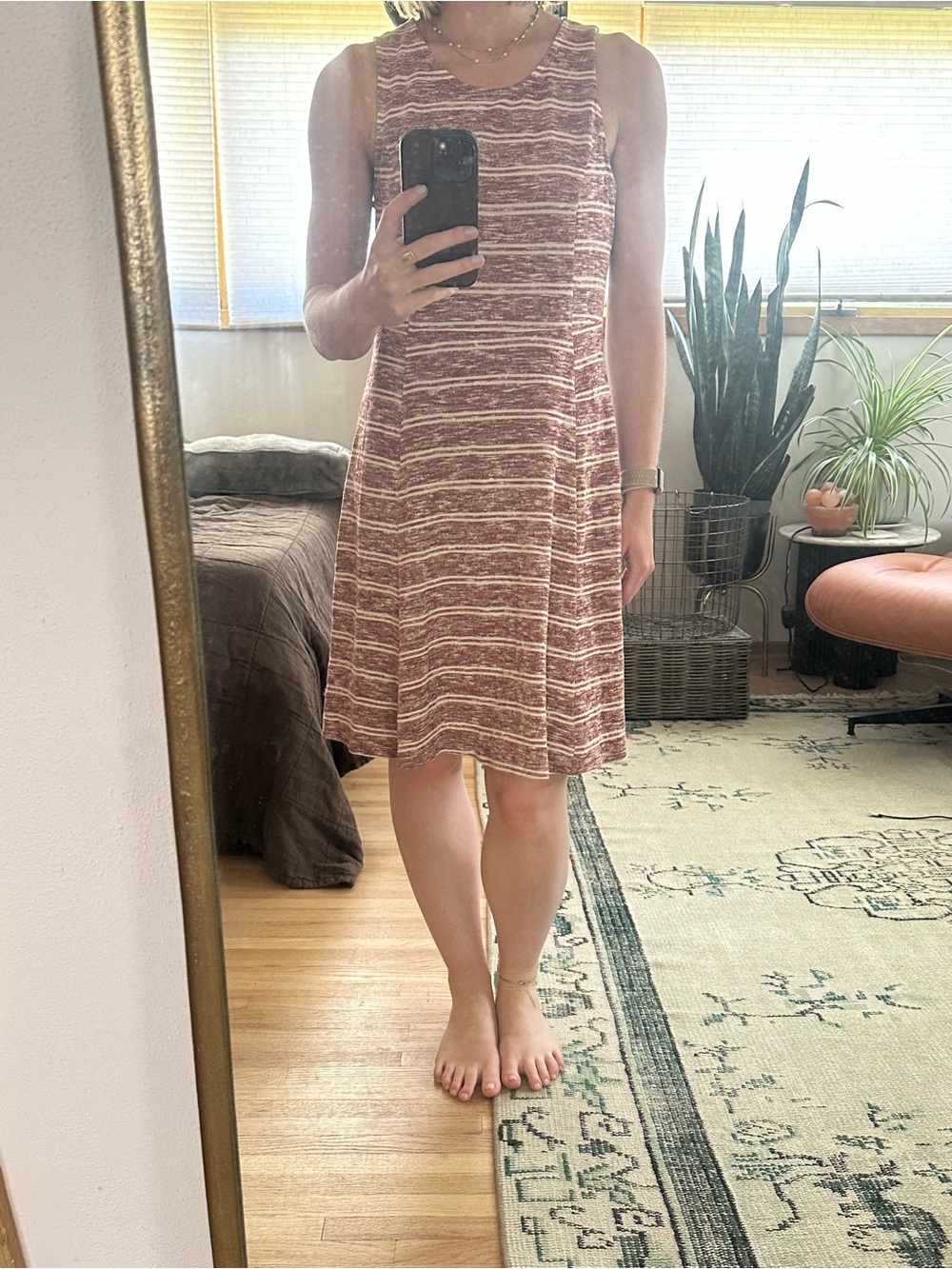 Hem & Thread Sleeveless Striped Knit Midi Dress in Maroon and white